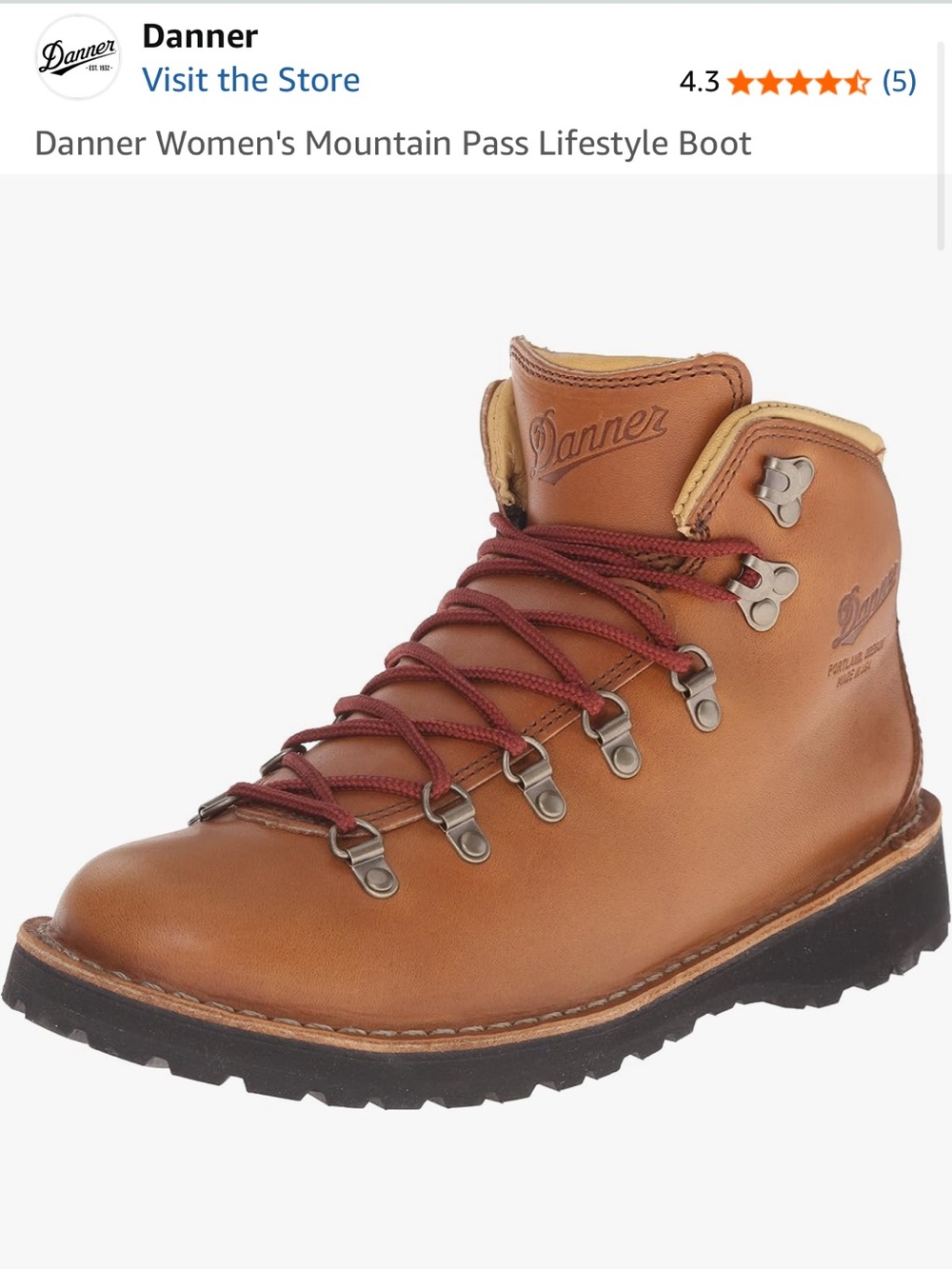 Danner Brown Leather Hiking Boot with Burgundy Laces